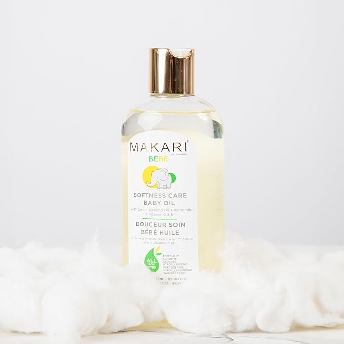 Makari Softness Care Baby Oil with Sweet Almond, Chamomile & Vitamins C & E, Hypoallergenic & Paraben-Free, Ideal for All Skin Types, Formulated for Sensitive and Delicate Newborn Skin