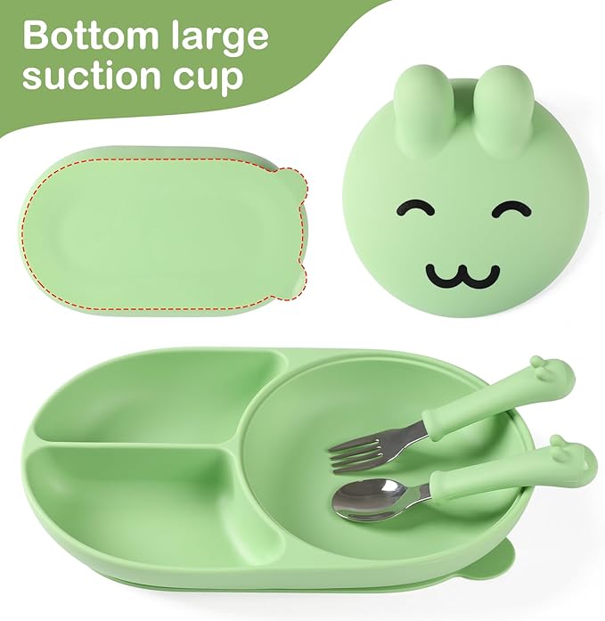 Silicone Baby Plate,Self-feeding of infants after weaning, 100% Food Grade Silicone, BPA Free, 3 Compartments Separated Including Fork and Spoon, Non-Slip With Suction Cups, Toddler plates (green)