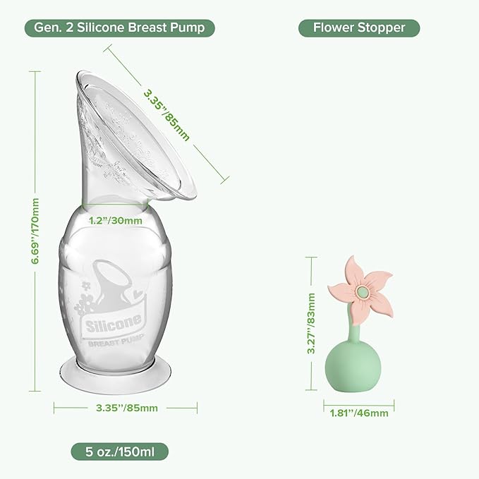 haakaa Manual Breast Pump with Flower Stopper Set, Gen.2 Silicone Hand Pump with Suction Base, BPA Free (5oz/150ml, Blush)