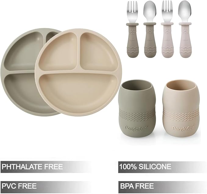 PandaEar Silicone Baby Feeding Set| 2 Pack Silicone Divided Suction Plate and 2 Pack Tiny Cup with 2 Spoons 2 Forks| Baby Led Weaning Supplies Self Feeding Eating Utensils (Silverware Set)