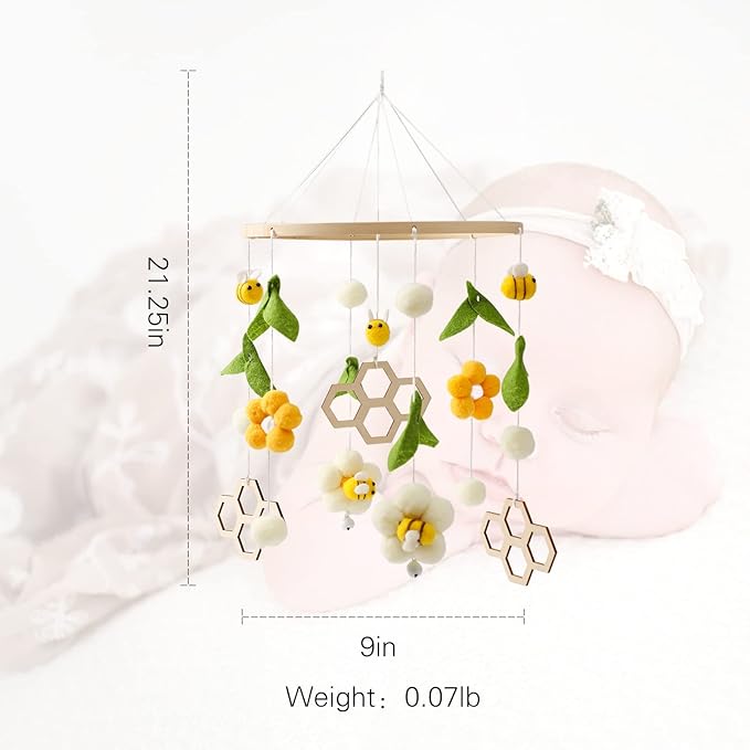Nursery Mobile for Boys Girls, Boho Bee Flower Nursery Decor Soothe Toy, Shower Set for Infant Bedroom Hanging Decoration, Yellow