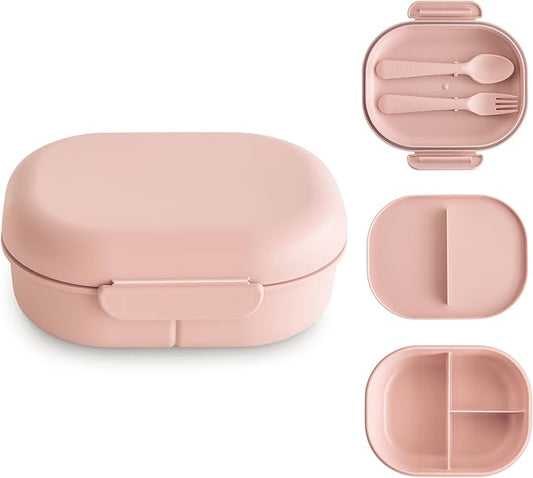 mushie Kids Bento Lunch Box | 3-Compartment & Removable Divider + Fork & Spoon Utensils | Great For Meals, School, Snacks On-the-Go | Dishwasher Safe (Blush)