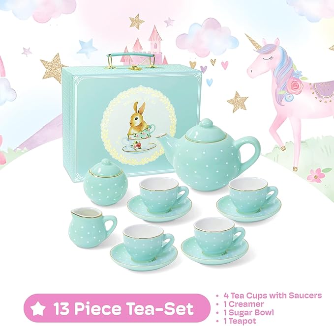 Jewelkeeper 13 Piece Toddler Porcelain Tea Party Set - Exquisite Tea Cup Set for Kids - Includes Sugar Bowl, Creamer, Saucers in a Carrying Case - Turqouise Polka Dot