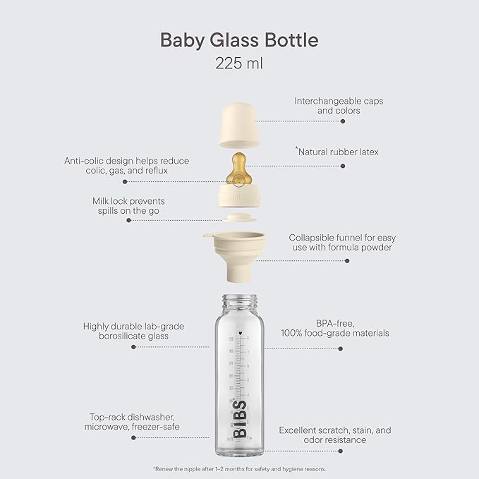 BIBS Baby Glass Bottle. Anti-Colic. Round Natural Rubber Latex Nipple. Supports Natural Breastfeeding, Complete Set - 225 ml, Woodchuck