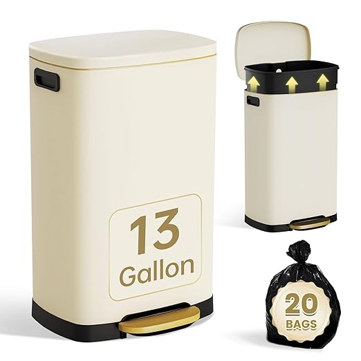 ELPHECO Kitchen Trash Can with Lid Soft Close, 13 Gallon / 50L Stainless Steel Pedal Garbage Can, Heavy-Duty Fingerprint Proof Step Wastebasket with 20 Bags, Removable Bucket, Home Office, Cream Beige