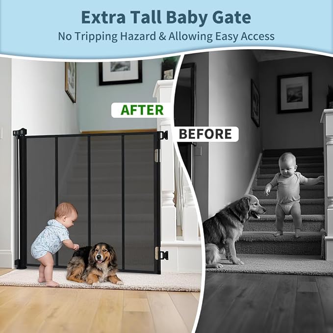 47” Extra Tall Retractable Baby Gate, Reinforced Mesh Dog Gate Extends to 71" Wide, Baby Gate for Stairs, Doorways, Hallways, Indoor and Outdoor, Black