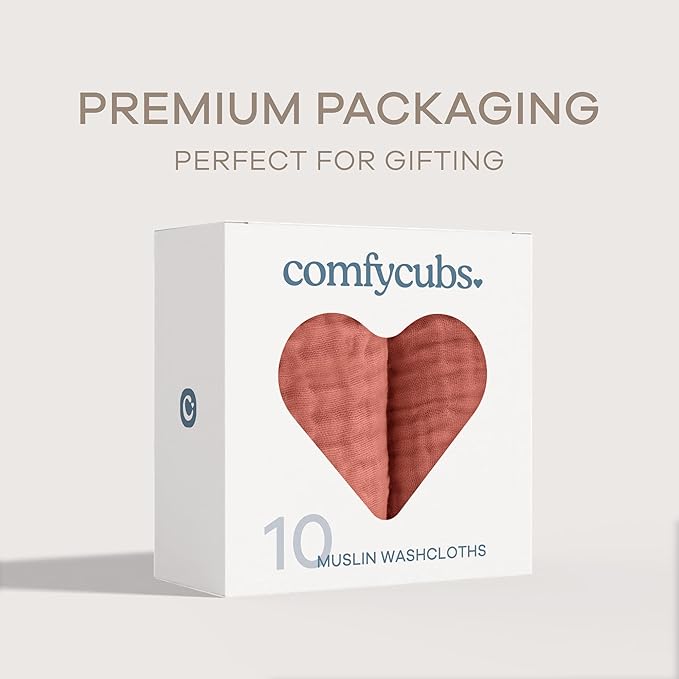 Comfy Cubs Muslin Baby Washcloths 10 Pack - Soft 6-Layer Cotton Wash Cloths for Sensitive Skin - 10"x10" Large, Gentle, Absorbent Infant Essentials for Newborn and Toddlers - Dusty Rose