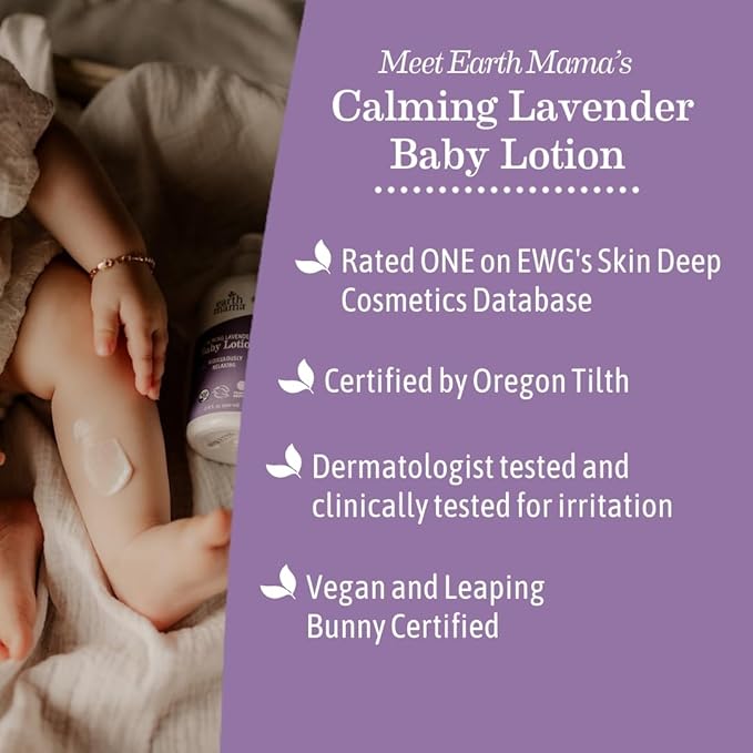 Earth Mama Calming Lavender Baby Lotion for Dry Skin, Calendula Cream for Newborn Skin Care, Organic Moisturizer for Children with Aloe Juice, Rooibos, & Shea Butter, Lavender Lotion, 8 Fl Oz
