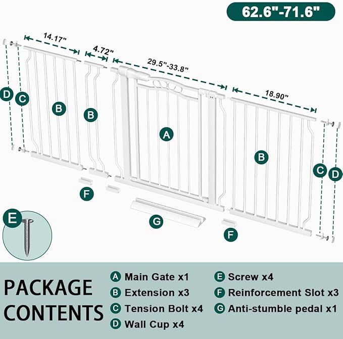 Fairy Baby 62.5"-71.6" Extra Wide Large Baby Gate for Doorways, Long Pet Dog Gate for The House, Toddler Safety Child Gate with Pressure Mount Kit, Baby Barrier Fence Indoor Outdoor, White