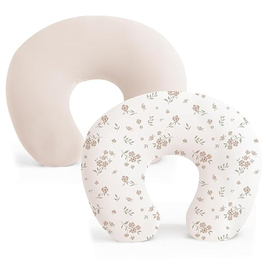 Konssy 2 Pack Nursing Pillow Covers, Stretchy and Soft Nursing Cover for Breastfeeding, Pillow Slipcover for Baby Girls Boys Newborn (Beige, Blossom)