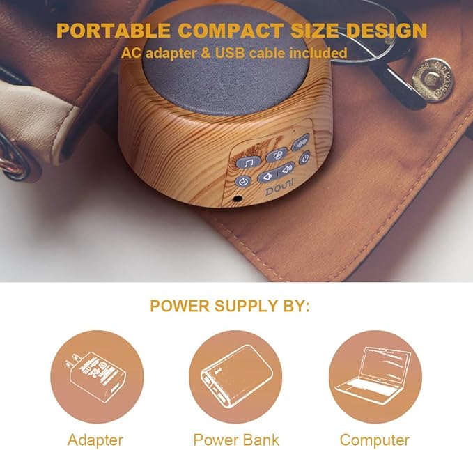 DOUNI White Noise Machine with 27 Soothing Sounds Timer, Adjustable Volume, Memory Function for Sleeping, Relaxation,Sound Machine for Kid,Adult,Nursery,Home,Office,Travel.Wood Grain