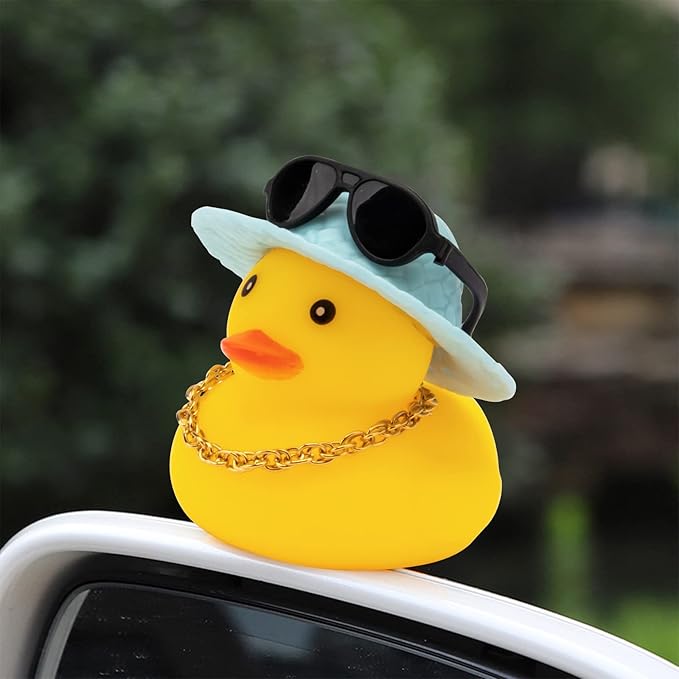 wonuu Car Rubber Duck, Yellow Duck Decoration Dashboard with Sun Hat Swim Ring Necklace Sunglasses for Car Dashboard Decorations