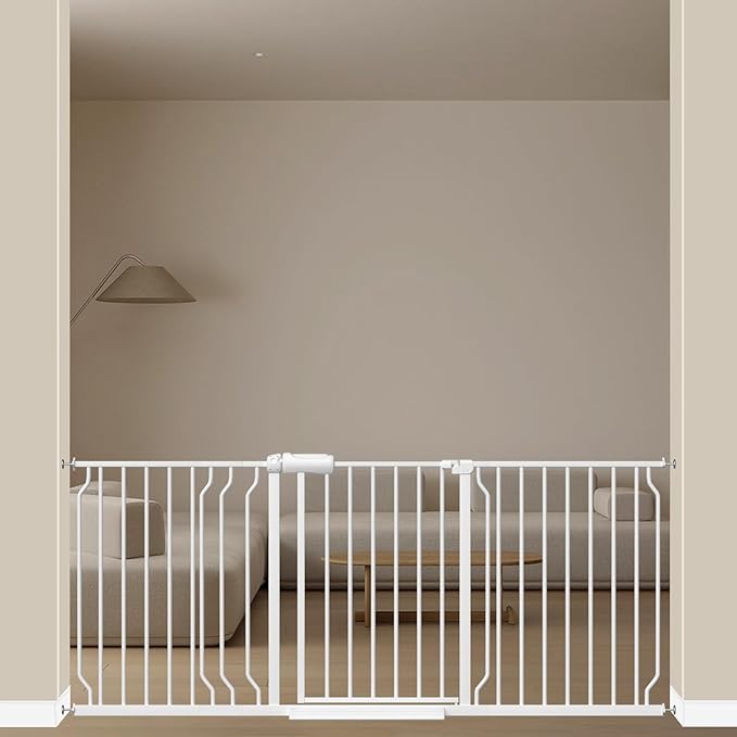 ALLAIBB Extra Wide Pressure Mount Baby Gate Auto Close White Metal Child Dog Pet Safety Gates with Walk Through for Stairs,Doorways,Kitchen and Living Room (62.20-71.26"/158-181cm)