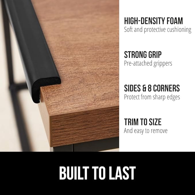 GORILLA GRIP Baby Proof Corners and Edges for Furniture, Kid Proofing Adhesive Table Corner Protectors, Heavy Duty Soft Rubber Foam Protection, Includes 8 Protective Safety Guards, 10 Feet, Black