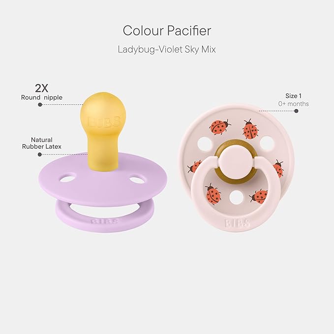 BIBS Studio Soother 2-Pack, BPA Free Dummy Pacifier, Round Nipple. Natural Rubber Latex, Made in Denmark, Size 1 (0-6 Months), Violet Sky/Petal