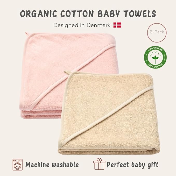 Baby Hooded Towel – Organic Cotton Baby Bath Towels, 32" x 32" Super-Soft and Absorbent Baby Towels for Newborn 2-Pack (Blush/Fog)