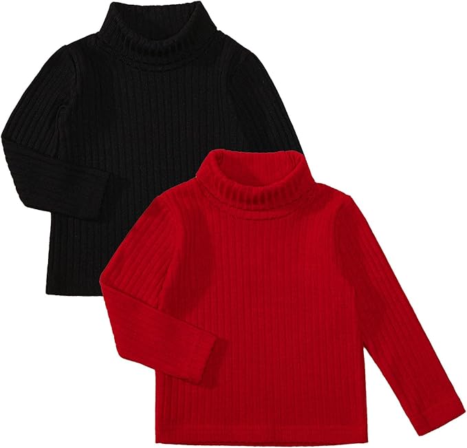 DEFAHN 2 Pack Toddler Unisex Solid Turtleneck T-Shirt Long Sleeve Ribbed Sweatshirt Basic Tee Tops Girls Boys
