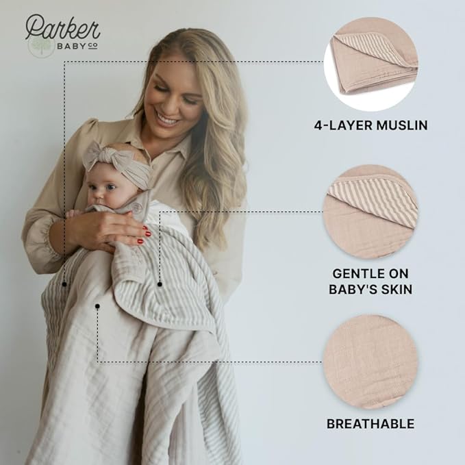 Parker Baby Muslin Blanket | 100% Soft Cotton Toddler Quilt & Baby Muslin Swaddle | Gender Neutral Design 47" x 47" Blanket