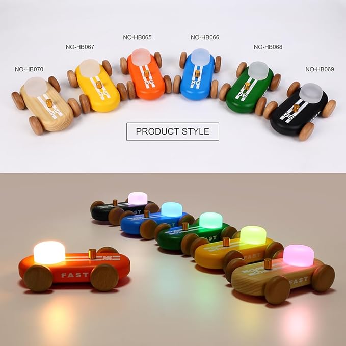 Wooden Go-Kart Night Light for Kids, 7 Color Adjustable, USB Rechargeable (Green)