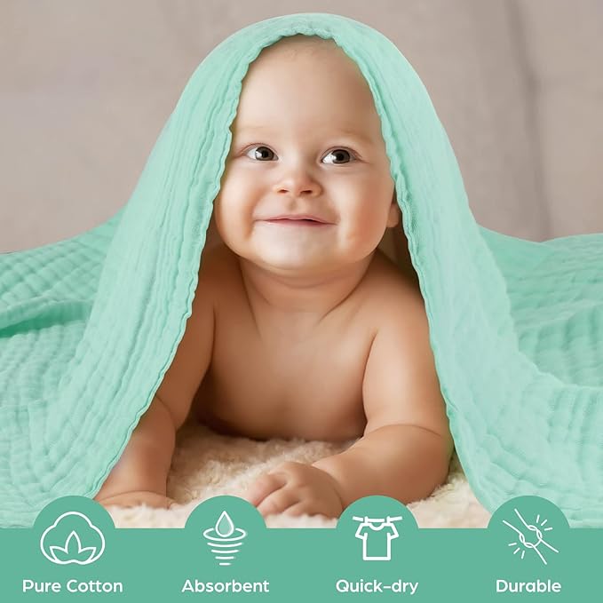 MUKIN Baby Bath Towels, Super Soft Cotton Receiving Blanket for Baby's Delicate Skin,2Pack Swaddle Blanket for Newborns Toddlers Boy Girl,Baby Registry as Shower (White+Green)