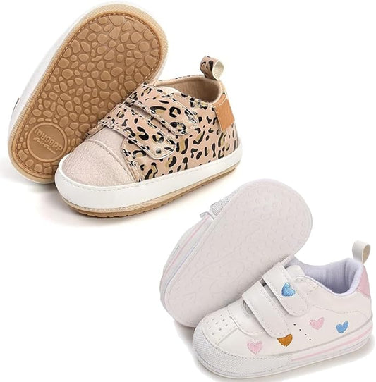 2Pairs Baby Shoes,Boys Girls Non-Slip Rubber Sole Sneakers,Unisex Infant Soft Lightweight First Walking Crib Shoes