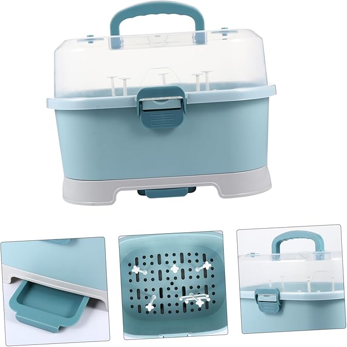 NUOBESTY Baby Bottle Drying Rack with Cover Portable Nursing Bottle Storage Box Baby Bottle Holder Dinnerware Organizer for Home Kitchen Blue