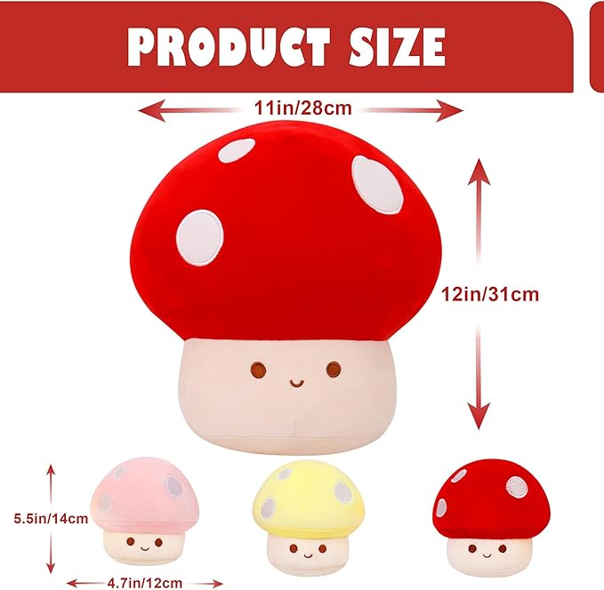 4PCS Mushroom Plush, 12 Inch Mushroom Plush Pillow with 3 Babies, Mushroom Stuffed Animals, Plush Toy Pillows, Mushroom Stuffed Pillow Room Decor Gift for Kids Adults