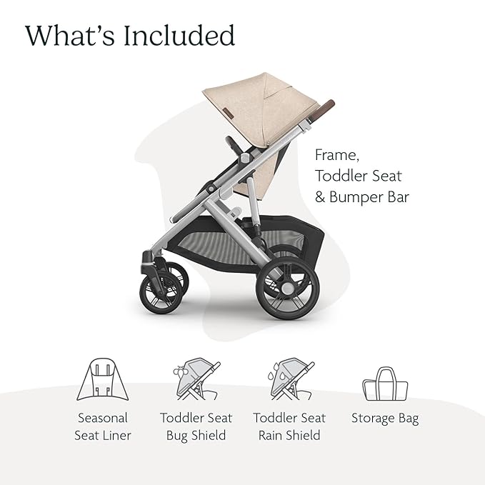 UPPAbaby Vista V3 Stroller - Full-Size Single-to-Double Stroller System - Toddler Seat, Bug Shield, Rain Shield, and Storage Bag Included - Declan (Oat Mélange/Silver Frame/Chestnut Leather)