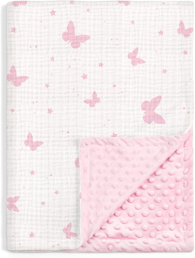 Butterfly Baby Blankets for Girls, Soft Nursery Minky Blankets with Muslin and Dotted Fleece Back 30x40 inches, Receiving Bed Quilt for Newborn, Infants, Toddlers