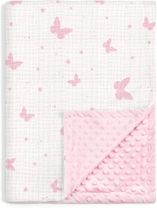 Butterfly Baby Blankets for Girls, Soft Nursery Minky Blankets with Muslin and Dotted Fleece Back 30x40 inches, Receiving Bed Quilt for Newborn, Infants, Toddlers
