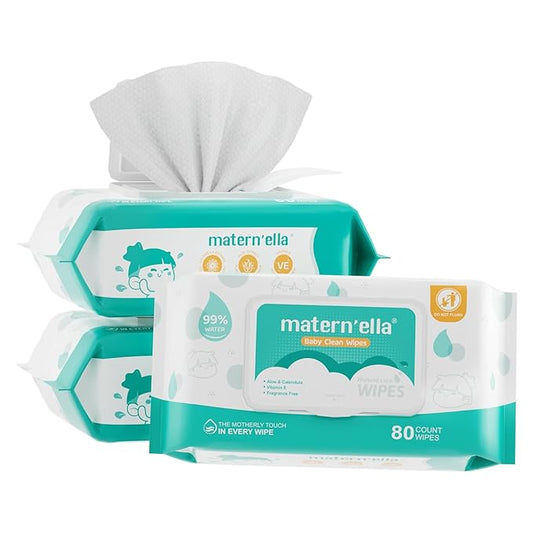 MATERN'ELLA Baby Wipes, Diaper Wipe for Sensitive Skin, 99% Water Based, Hypoallergenic, Unscented & Alcohol-free 3 Flip-Top Packs (240 Wipes Total)