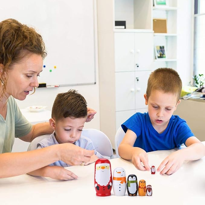 Tphon Cute Nesting Dolls Matryoshka Doll Russian Handmade Wooden Dolls Cartoon Pattern Nesting Doll Toy Stacking Doll Set for Kids Birthday