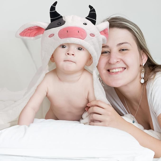 Baby Towels with Hood for 1-6, 2-Pack Toddler Bath Towel with Animal Face Soft Absorbent,Premium Coral Fleece Ultra Absorbent Thick Shower Gift for Kids Infant,White Cow &Blue Penguin Set