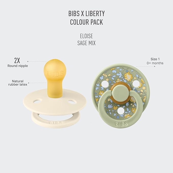 BIBS Colour Liberty Soother 2-Pack, BPA Free Dummy Pacifier, Round Nipple. Natural Rubber Latex, Made in Denmark, Size 1 (0-6 Months), Eloise Sage