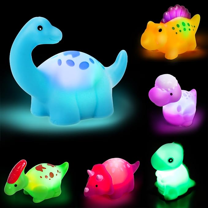 TOY Life 6 PC Dinosaur Light Up Bath Toys for Kids, No Hole Glow Bath Toys for Kids Ages 4-8, Baby Toddler Bath-Time Gifts for Easter, Birthday, Christmas, Ideal for Shower, Bathtub, Swimming Pool