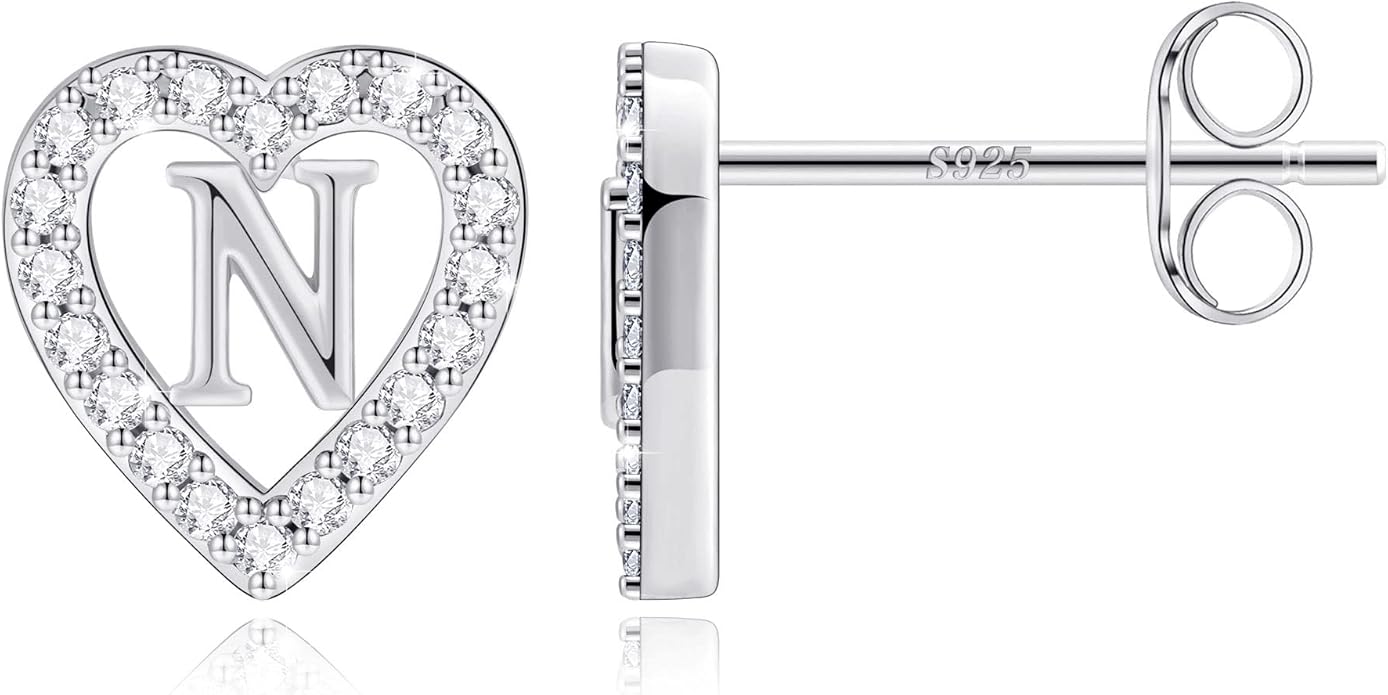 Anoup Christmas Gifts for Grandkids Girls Earrings - S925 Sterling Silver Post CZ Hypoallergenic Stud Heart Initial Earrings for Women Kids Jewelry Stocking Stuffers for Teen Girls Birthday Gifts