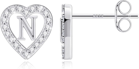 Anoup Christmas Gifts for Grandkids Girls Earrings - S925 Sterling Silver Post CZ Hypoallergenic Stud Heart Initial Earrings for Women Kids Jewelry Stocking Stuffers for Teen Girls Birthday Gifts