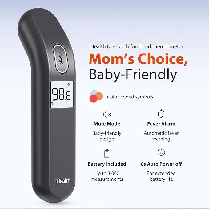 iHealth Touchless Thermometer for Adults and Kids, FSA/HSA Eligible, Color-Coded Alert & Silent Mode, 1-Second Accurate Fever Check, Portable for Home, Travel Use - PT2L Black