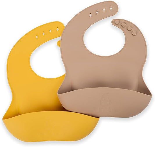 Silicone Bib 2-Pack: Safe, Non-Toxic, Food-Grade. Waterproof, Adjustable Neck Band, Easy-Clean Pouch Catcher.