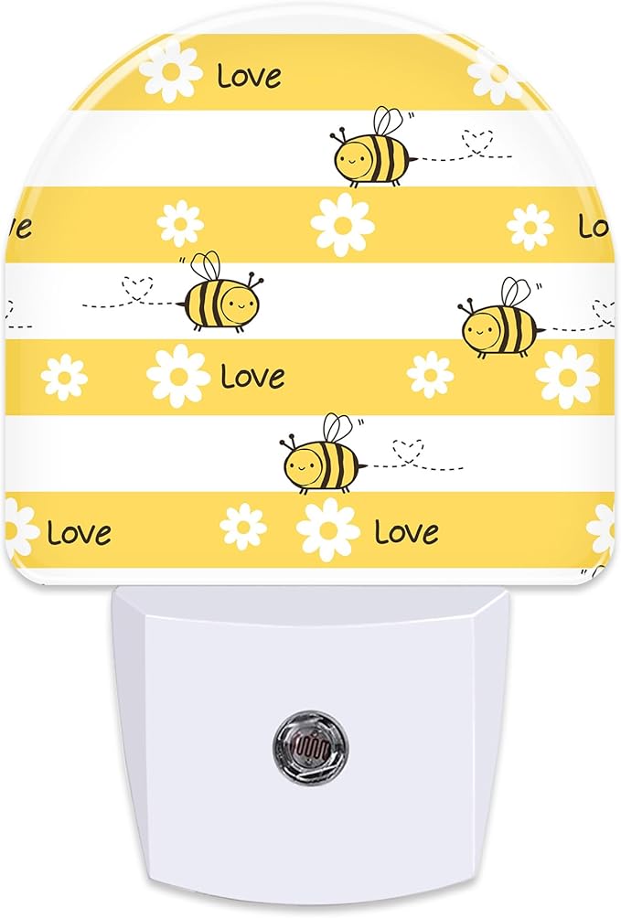 Cartoon Bees with Daisy Flowers Night Light Plug into Wall, Yellow Floral Bee Love Dusk to Dawn Night Light,0.5w Energy Saving Sleep Friendly Nightlights for Kids Boys Girls Home Decor