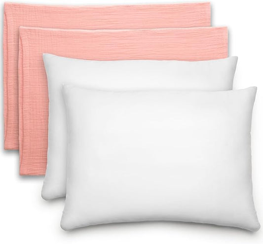 Comfy Cubs Toddler Pillow with Muslin Pillowcase, 13 x 18 in, 2 Pack - Travel and Sleep Support for Kids - Lightweight, Breathable Microfiber Fill - Soft and Cozy Small Pillow for Toddlers - Blush