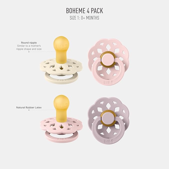 BIBS Boheme Soother 4-Pack | BPA Free Dummy Pacifier | Round Nipple | Natural Rubber Latex | Made in Denmark | Size 0-6 Months | Blossom Mix