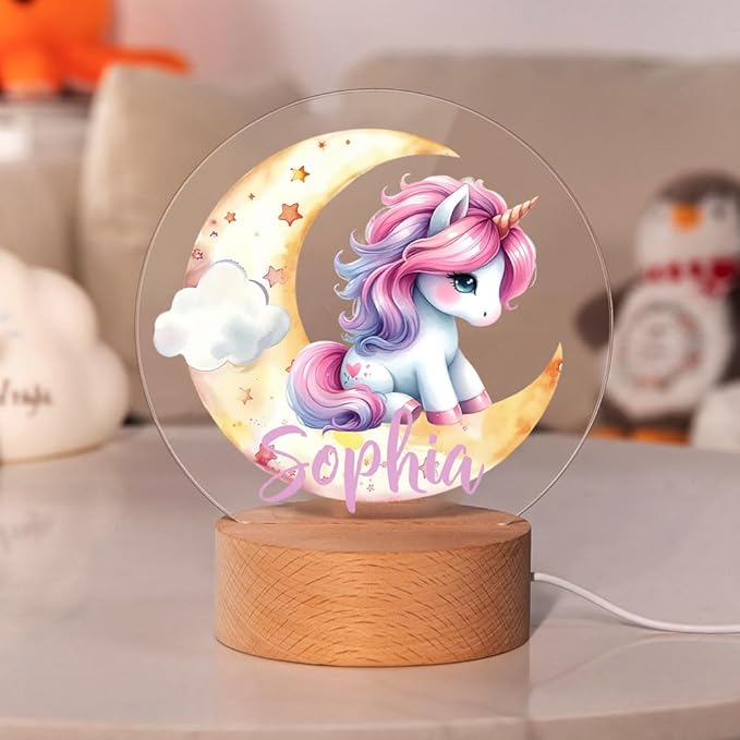 callie Acrylic Night Light Name Plate Personalized, Custom Cute Dreamy Mythical Beast with Wooden Base Bedroom Decor, Birthday Gifts Kid Gifts for Family (Cute Dreamy Mythical Beast)