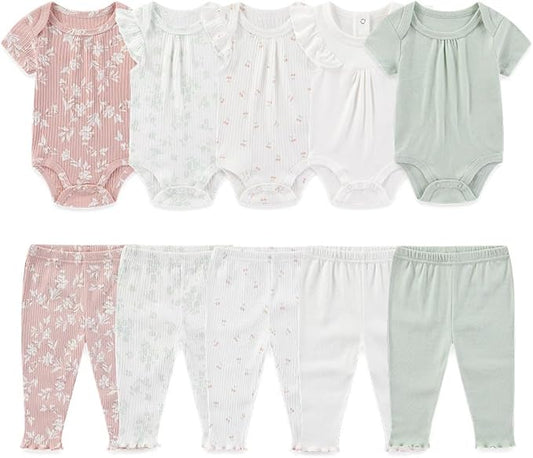 Kiddiezoom Newborn Baby Layette Set 10-Piece with Bodysuits and Pants Set for Unisex Baby Gift Sets