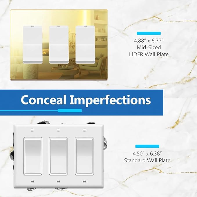 LIDER Triple Decorator Wall Plate, Impact Resistant, Mirrored Acrylic, Plexiglass, Reflective Finish, Modern Upgrade, Screwless Light Switch/Outlet Cover, Mid-Size 3-Gang 4.88" x 6.77" Gold
