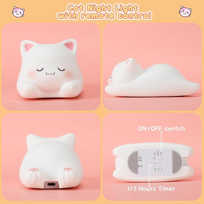 LOVERUIS Cute Night Light for Kids Cat Night-Light Baby Girl Squishy NightLight 1/3 Hour Timer Kitty Light Dimmable Nursery Lamp Colorful Nightlight Gift for Kid Toddler Kawaii Bedroom (CAT)