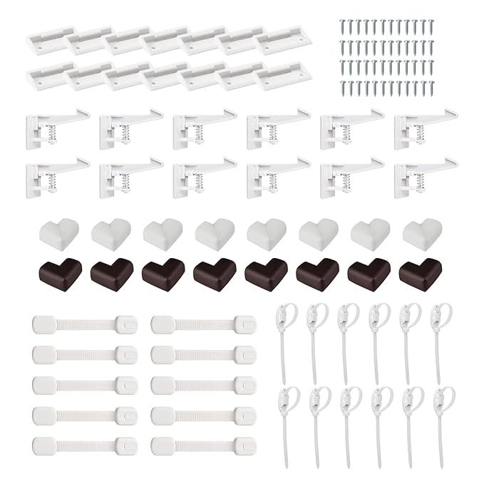 Inaya Complete 50pc Deluxe Baby Proofing Kit - Flexible Hidden Baby Locks for Cabinets and Drawers, Adjustable Child Safety Latches, Corner Guards & Furniture Anchors