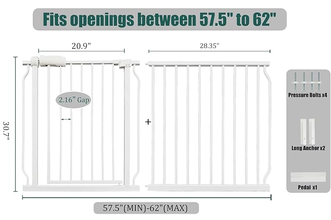 57.5-62 Inch Extra Wide Baby Gate, Auto Close Safety Gate for Kids & Pets, Pressure Mounted No Drill for Indoor Stairs, White Metal with Extension Kit