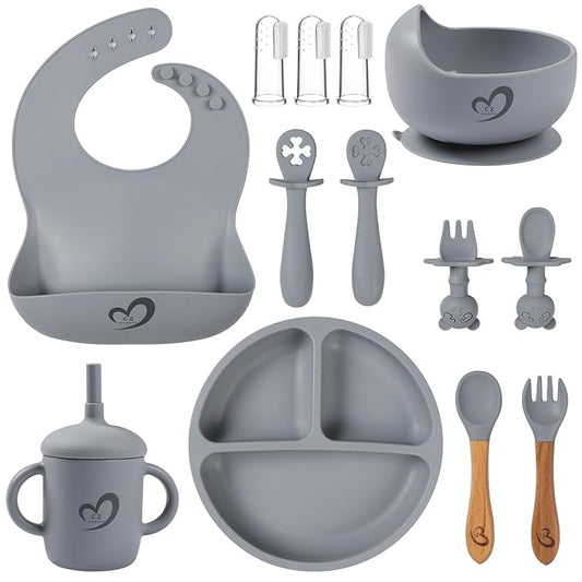 Silicone Baby Feeding Set Essentials,13 Pcs,Baby Led Weaning Supplies, Baby Spoons Suction Bowl Divided Plate Bib Cup Finger Brush,First Stage Solid Food Eating Utensils - 6 Months + (Blue Gray)