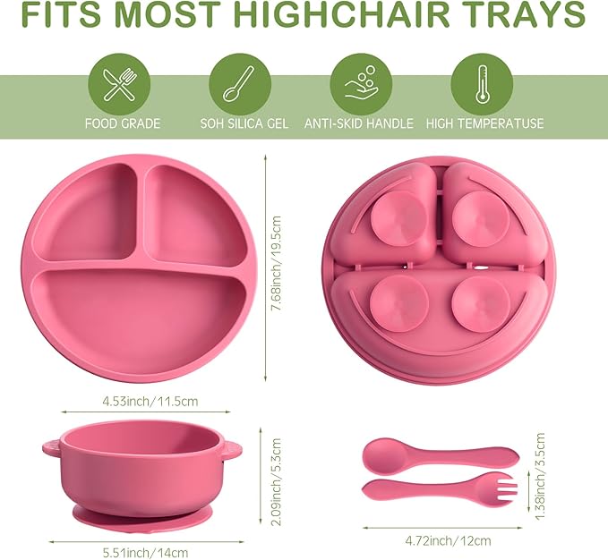 Dandat 24 Pcs Silicone Baby Feeding Set,6 Baby Toddler Suction Bowls 6 Divided Suction Plates with 6 Forks 6 Spoons, Utensils Set for Weaning Infant Feeding and Eating, 6 Styles(Bright Color)